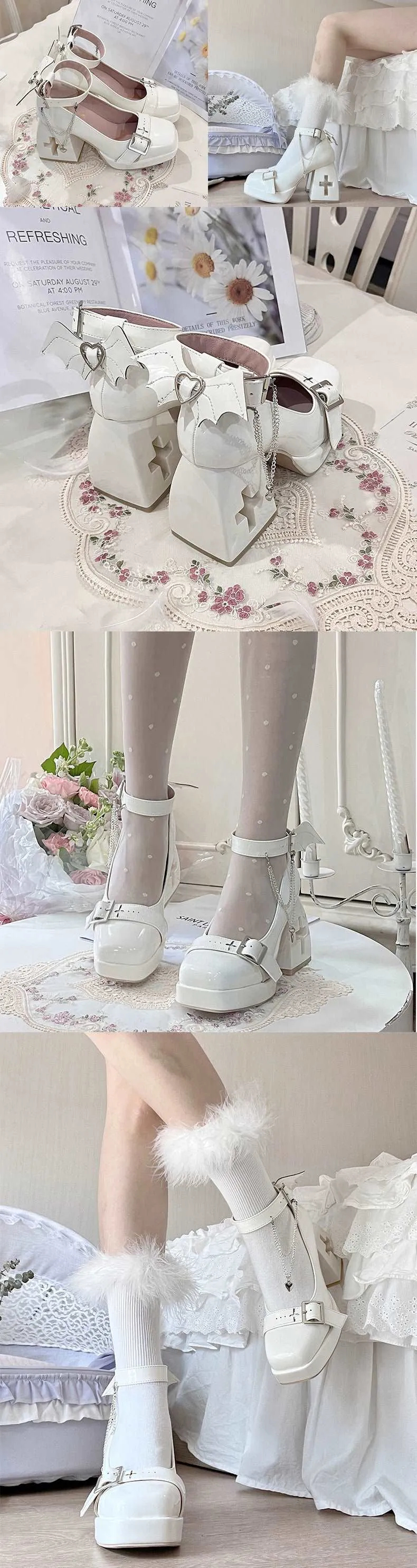 Bingo Jade Punk Devil Wings Cross Heart Silver Chains High Heels Shoes