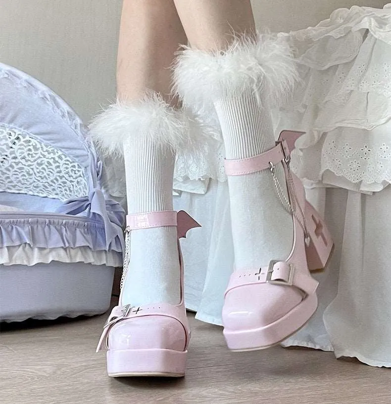 Bingo Jade Punk Devil Wings Cross Heart Silver Chains High Heels Shoes