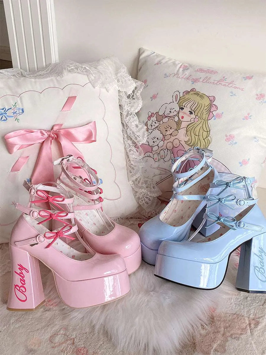 Dreamy White Tea Baby Bow EGL Platform High Heels Shoes