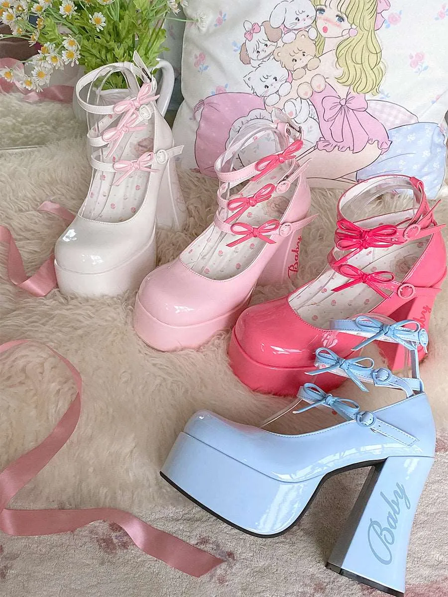Dreamy White Tea Baby Bow EGL Platform High Heels Shoes
