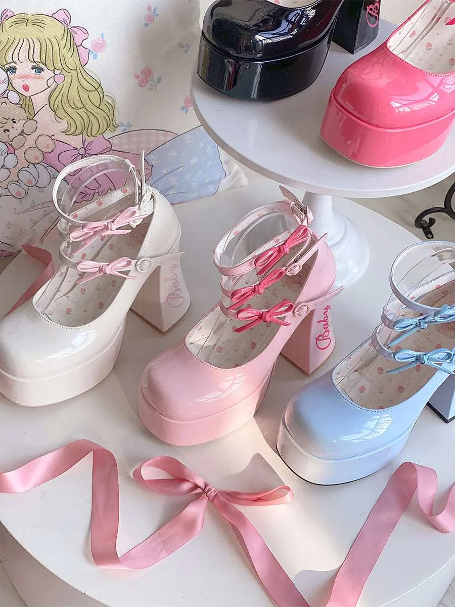 Dreamy White Tea Baby Bow EGL Platform High Heels Shoes