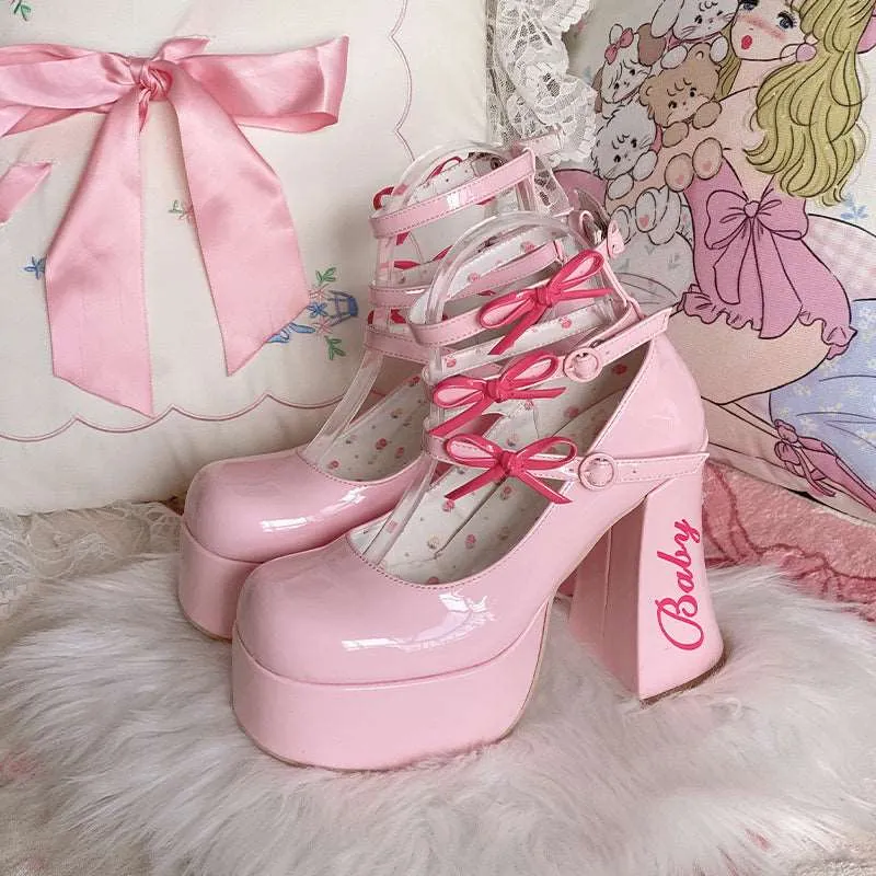 Dreamy White Tea Baby Bow EGL Platform High Heels Shoes
