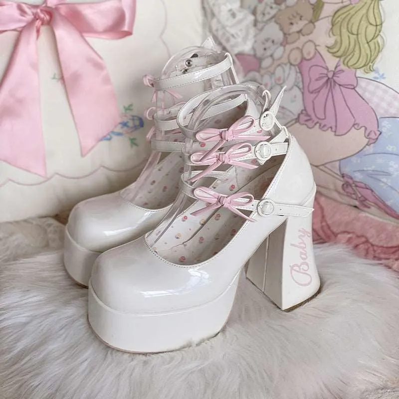 Dreamy White Tea Baby Bow EGL Platform High Heels Shoes