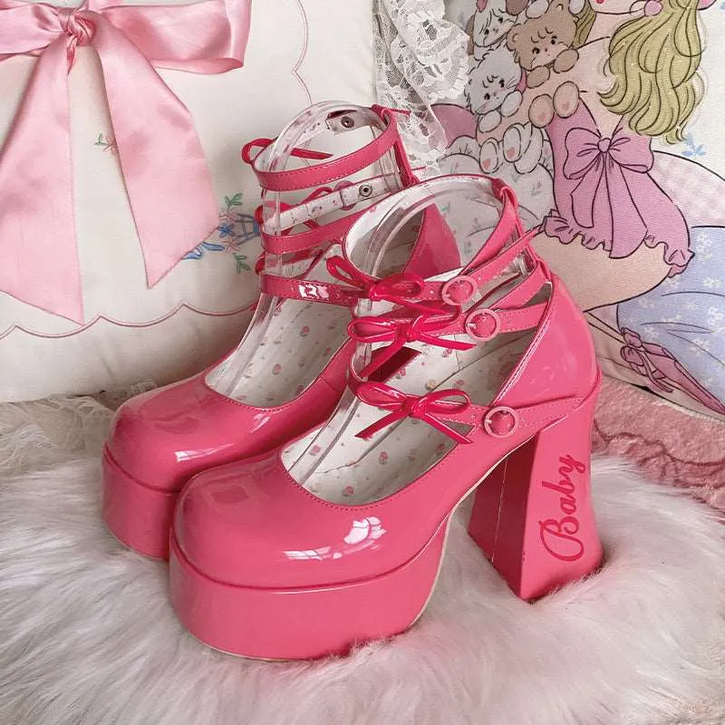 Dreamy White Tea Baby Bow EGL Platform High Heels Shoes