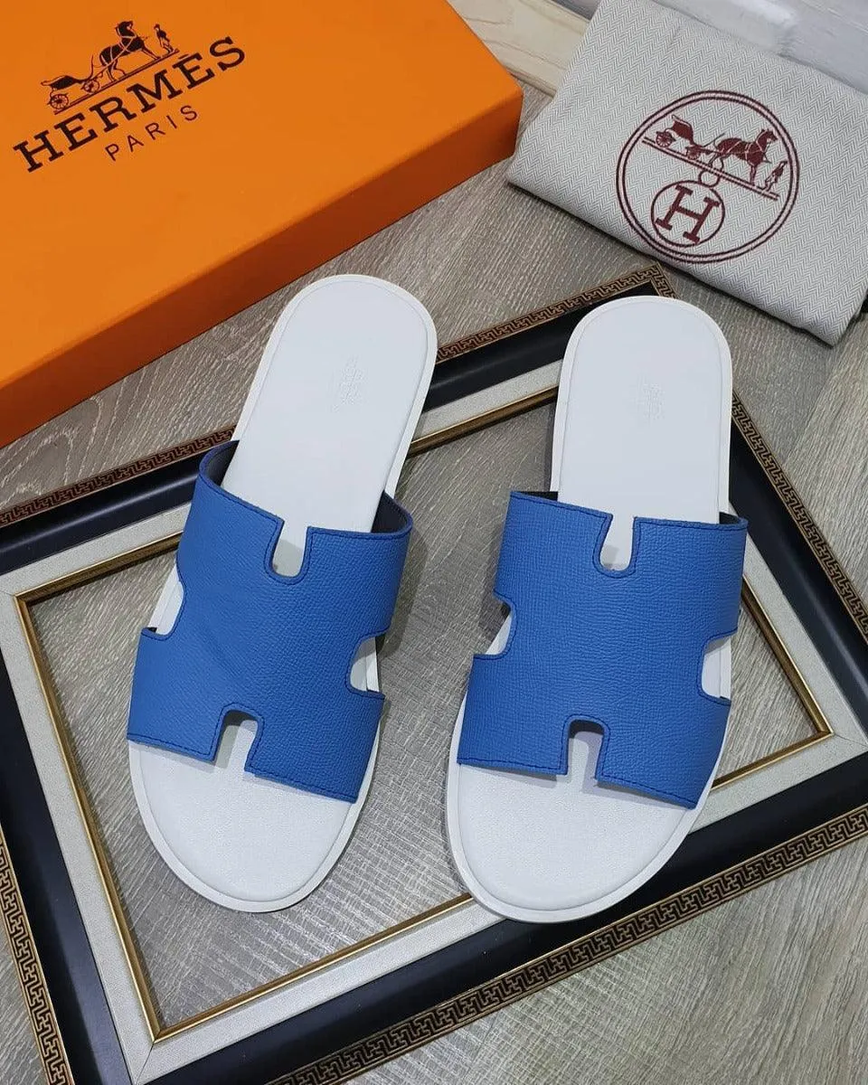 Hermes Paris Men Sandals Izmir Veau Blue White