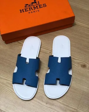 Hermes Paris Men Sandals Izmir Veau Blue White