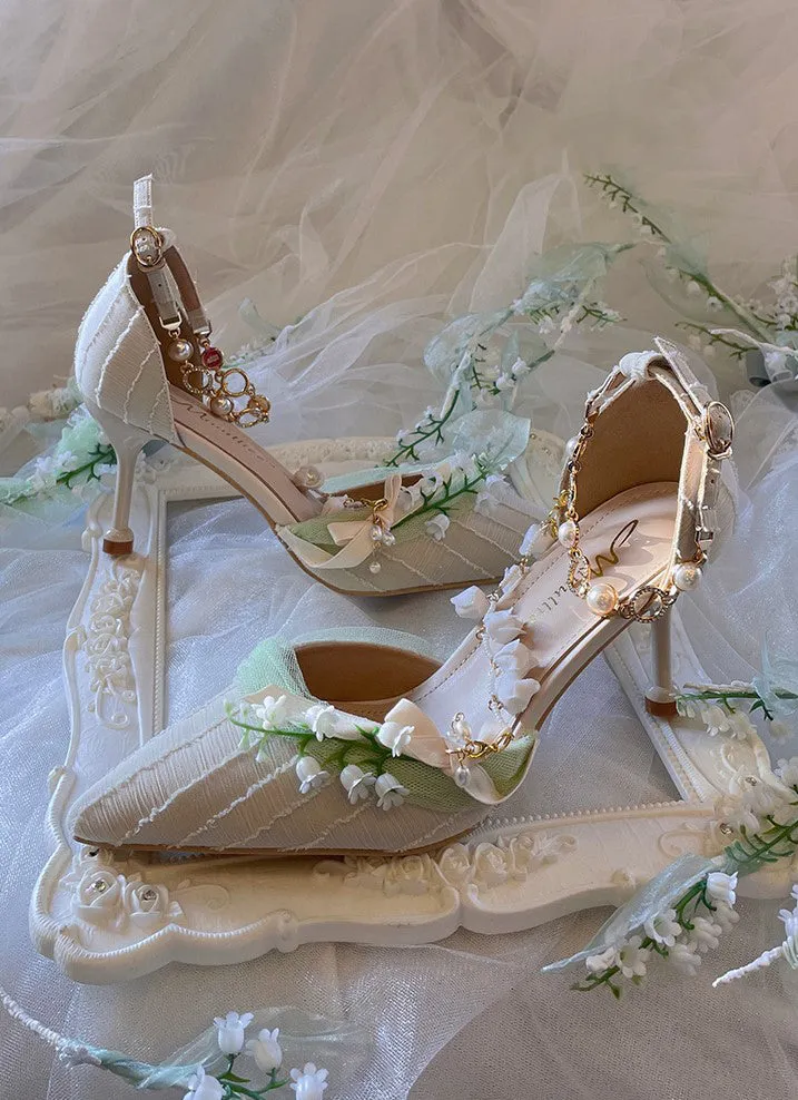 Hexagram Lily of the Valley Elegant Elf Fairy Princess Vines Green White Custom Made High Heels Shoes