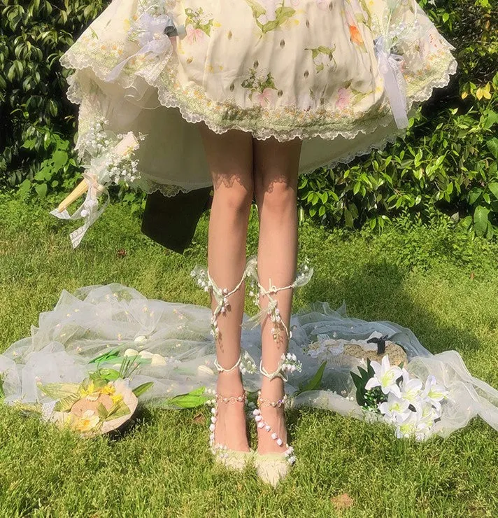 Hexagram Lily of the Valley Elegant Elf Fairy Princess Vines Green White Custom Made High Heels Shoes