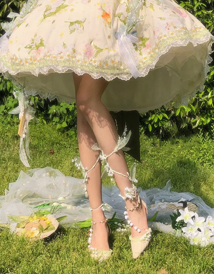 Hexagram Lily of the Valley Elegant Elf Fairy Princess Vines Green White Custom Made High Heels Shoes