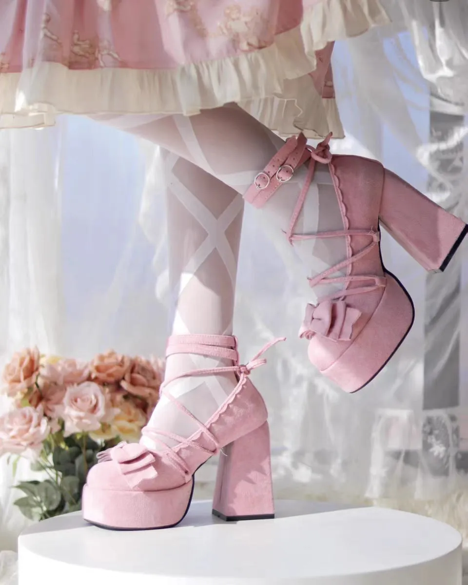 Lost Fairy Rose Confession EGL Sweet Velvet Angel Strap Bow Mary Jane High Heels Shoes