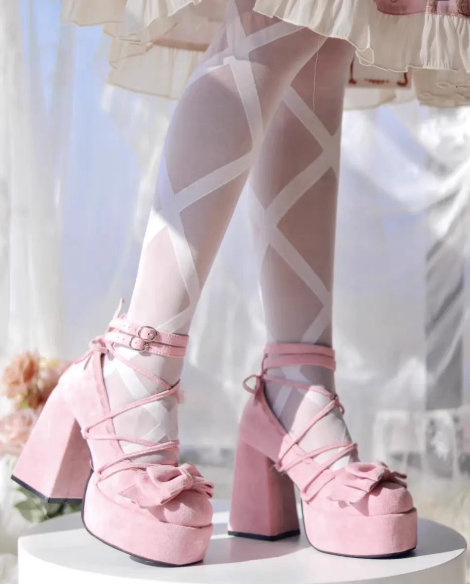 Lost Fairy Rose Confession EGL Sweet Velvet Angel Strap Bow Mary Jane High Heels Shoes