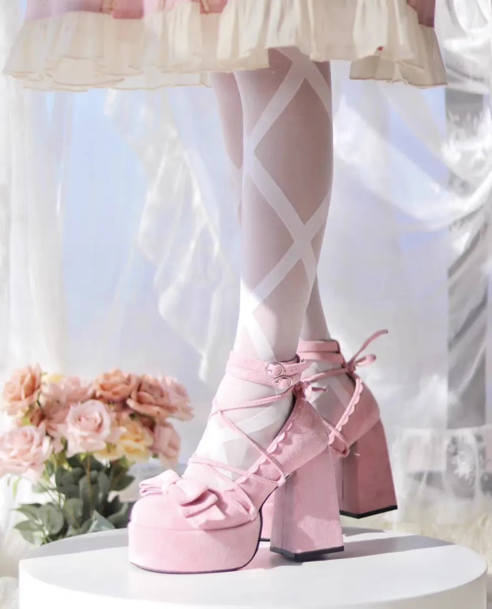 Lost Fairy Rose Confession EGL Sweet Velvet Angel Strap Bow Mary Jane High Heels Shoes