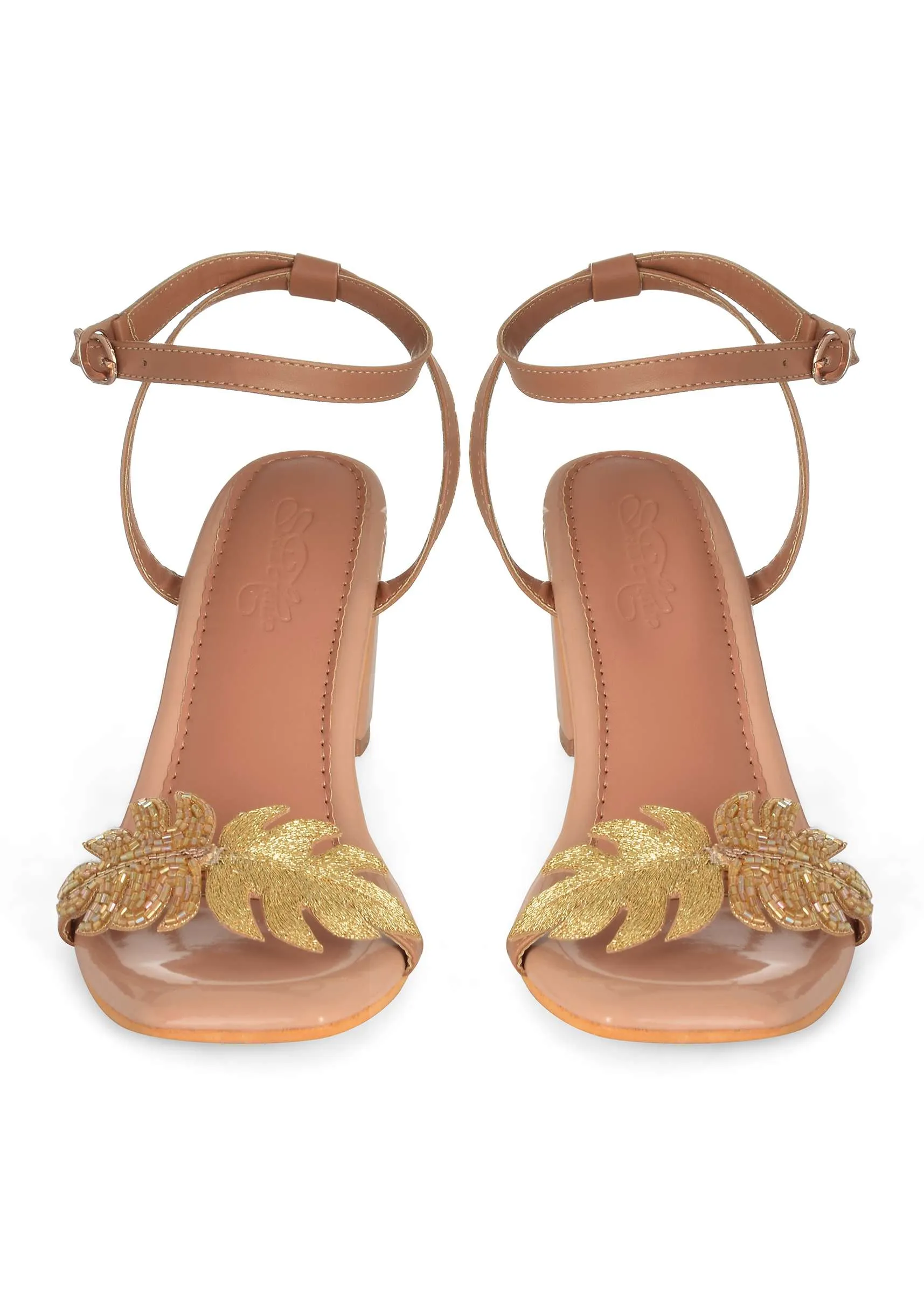 Nude Gold 3-inch Pencil Heels With Cut-dana And Gold Zari Work