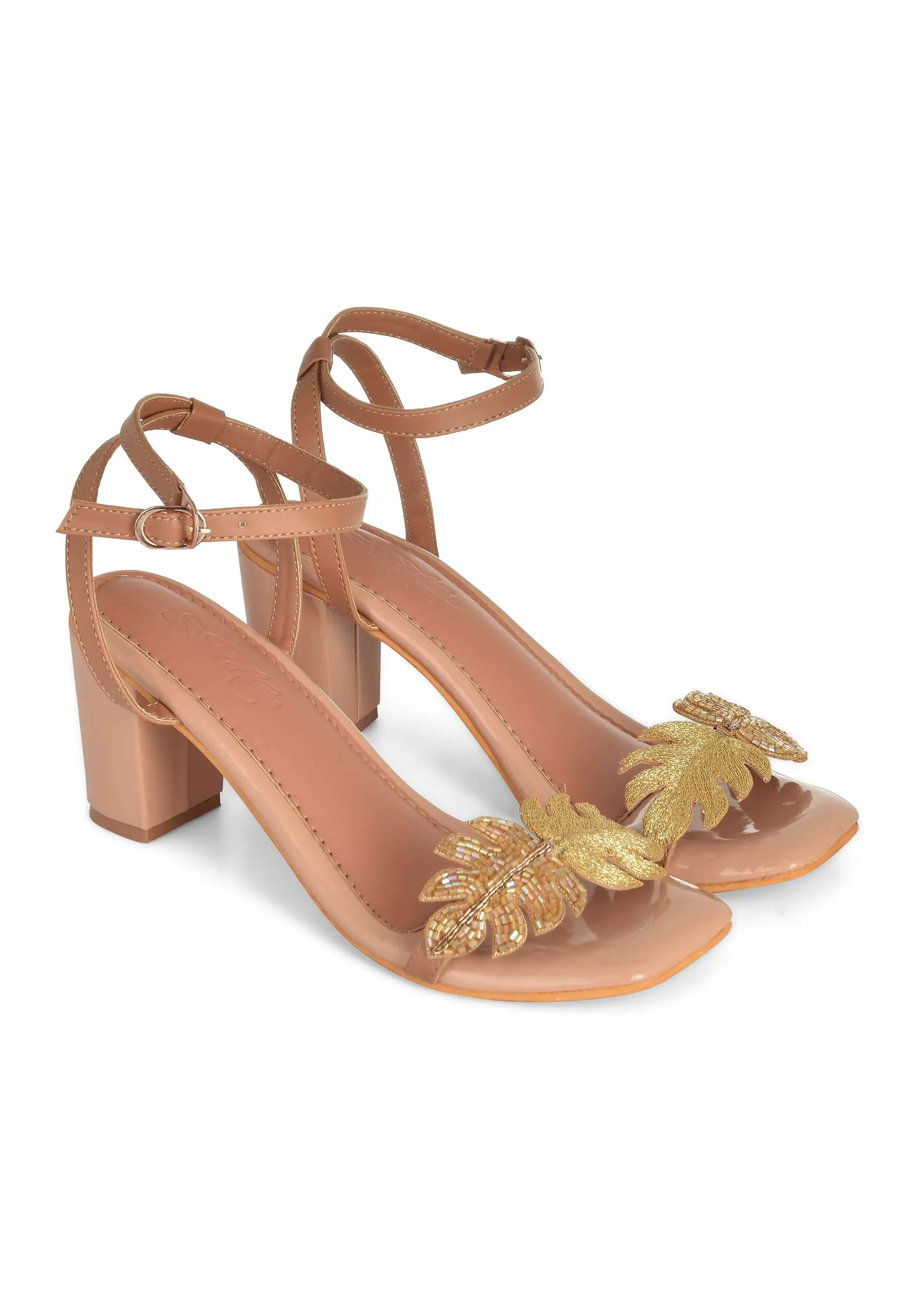 Nude Gold 3-inch Pencil Heels With Cut-dana And Gold Zari Work