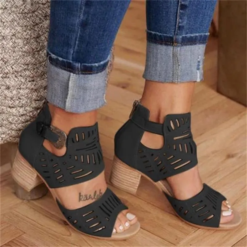 Women Wedge Chunky Mid Heel Open Toe Slip-on Side Buckle Sandals Shoes