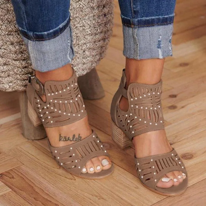 Women Wedge Chunky Mid Heel Open Toe Slip-on Side Buckle Sandals Shoes