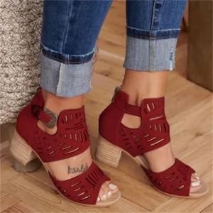 Women Wedge Chunky Mid Heel Open Toe Slip-on Side Buckle Sandals Shoes