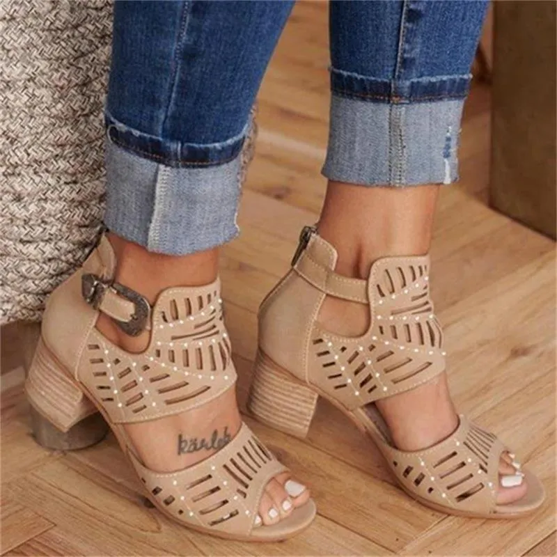 Women Wedge Chunky Mid Heel Open Toe Slip-on Side Buckle Sandals Shoes