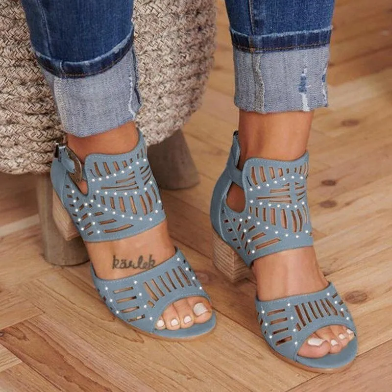Women Wedge Chunky Mid Heel Open Toe Slip-on Side Buckle Sandals Shoes
