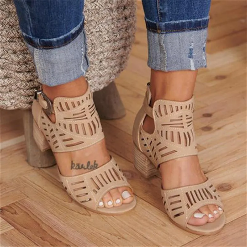 Women Wedge Chunky Mid Heel Open Toe Slip-on Side Buckle Sandals Shoes